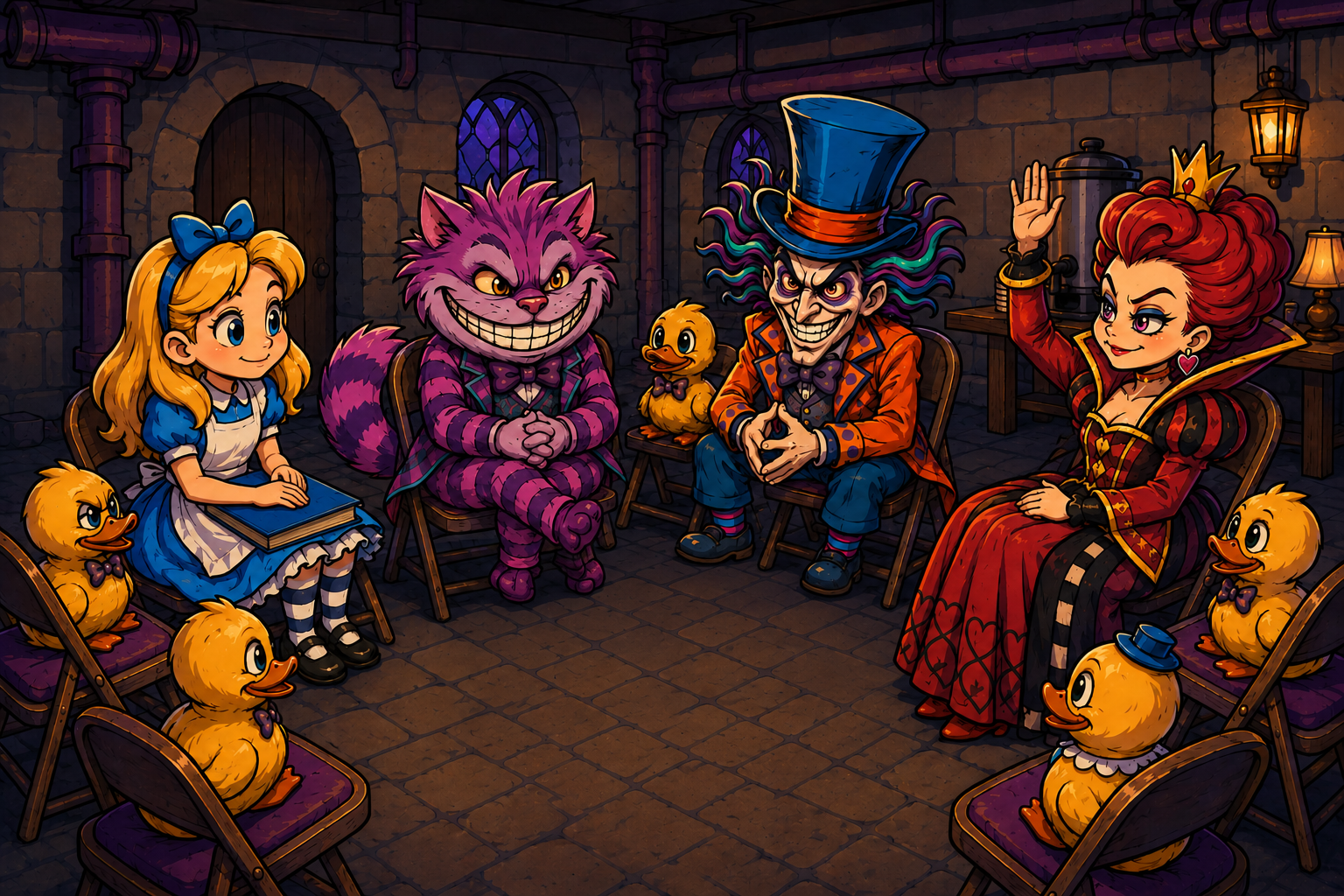 Some ducks, Alice, the Cheshire Cat, the Mad Hatter, and the Red Queen sit in a circle at an AA meeting in an old church basement.